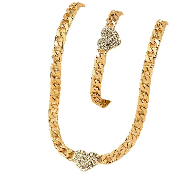 Gold Bracelet & Necklace Set For Women Full Rhinestone Heart